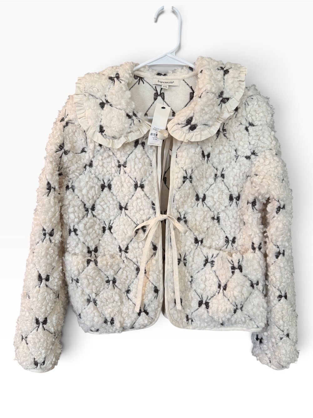 NWT Francesca's Collections Cream Sherpa Puffer Jacket with Black Bow Accent